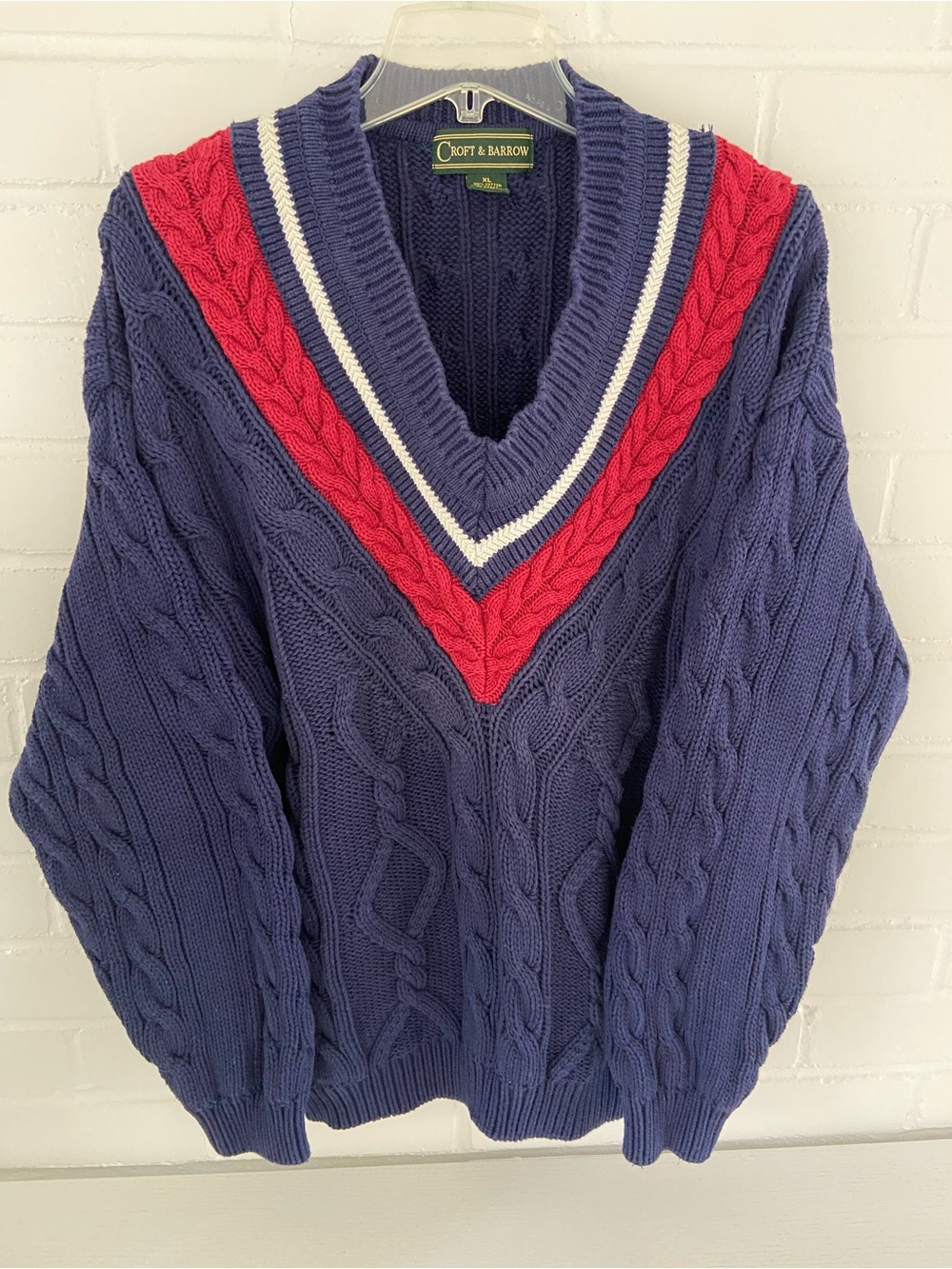Mens Classic Old Style Croft & Barrow Navy Cable‑Knit V-Neck Sweater Size XL